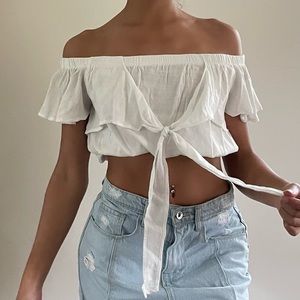 White Ruffle Front Tie Ruched Waist Crop Top